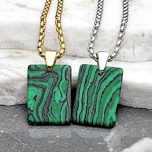 Men's "MINI MALACHITE TAG" Necklace| Men's Malachite Stone Mini Dog Tag Pendant Necklace| Men's Gold Silver Box Chain Malachite Tag Necklace