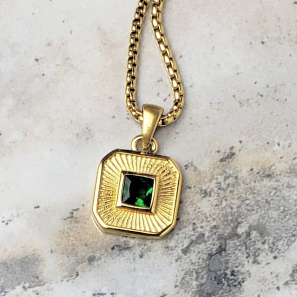 Men's "GOLD EMERALD AMULET" Necklace| Men's Gold Stainless Steel Emerald Square Amulet Pendant Necklace| Mens May Birthstone Necklace