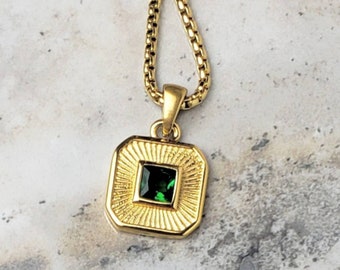 Men's "GOLD EMERALD AMULET" Necklace| Men's Gold Stainless Steel Emerald Square Amulet Pendant Necklace| Mens May Birthstone Necklace