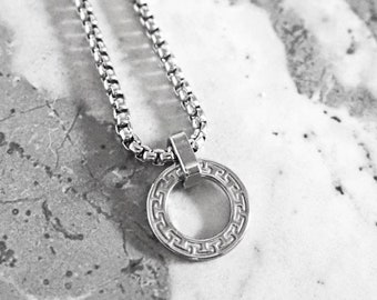 Men's "GREEK KEY RING" Necklace| Men's Silver Stainless Steel Mini Greek Key Ring Pendant Necklace| Men's Stainless Steel Box Chain Necklace