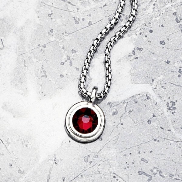 Men's "SILVER GARNET COIN" Necklace| Men's Silver Stainless Steel Mini Garnet Coin Pendant Necklace| Men's January Birthstone Necklace