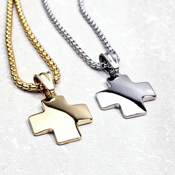 Men's "GOLD GREEK CROSS" Necklace| Men's Gold Stainless Steel Greek Cross Pendant Necklace| Men's Gold Stainless Steel Box Chain Necklace