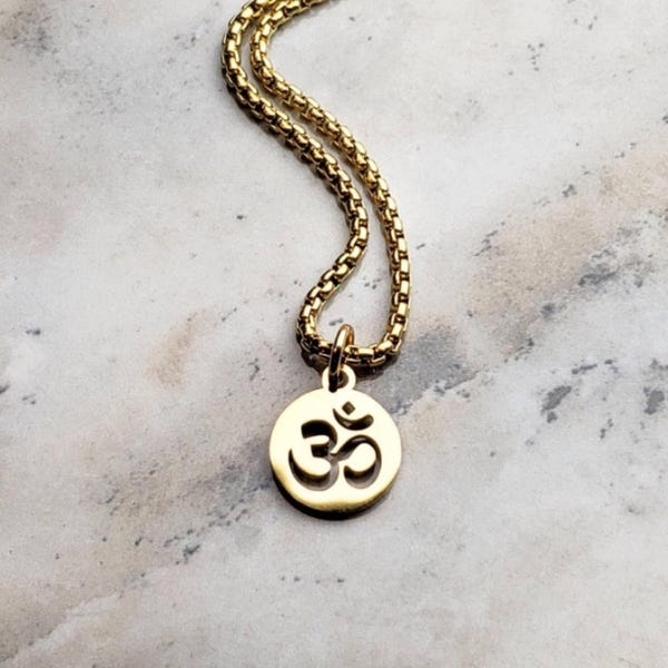 Men's GOLD OM COIN Necklace | Men's Gold Stainless Steel Om Coin Pendant Box Chain Necklace