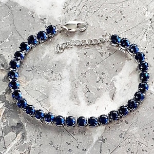 Men&#39;s SILVER SAPPHIRE TENNIS Bracelet | Men&#39;s Sapphire Cubic Zirconia Gemstones Silver Stainless Steel Tennis Chain Bracelet