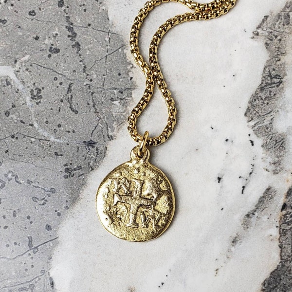 Men's "SHIPWRECK ATOCHA COIN" Necklace| Men's Gold Pewter Shipwreck Atocha Replica Coin Pendant Necklace| Men's Gold Chain Necklace