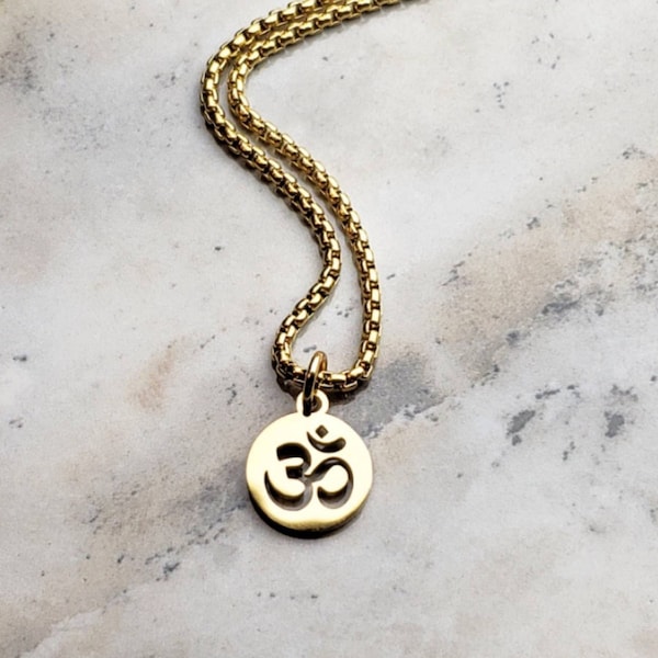 Men's "GOLD OM COIN" Necklace| Men's Gold Stainless Steel Om Coin Pendant Necklace| Men's Gold Stainless Steel Box Chain Necklace