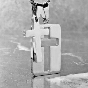 Men&#39;s &quot;SILVER CROSS TAG&quot; Necklace| Men&#39;s Silver Stainless Steel Cross & Cross Dog Tag Pendant Necklace| Men&#39;s Silver Box Chain Necklace