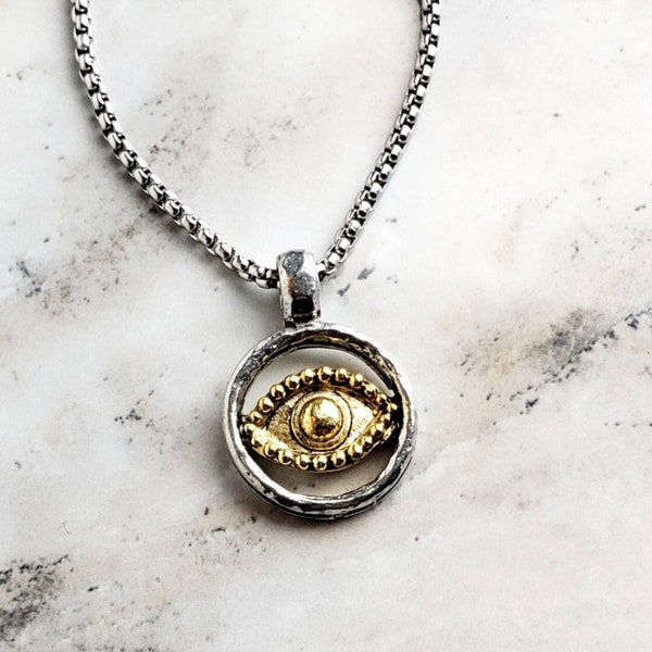 Men's "RUSTIC EVIL EYE" Necklace| Men's Gold Silver Stainless Steel Rustic Evil Eye Coin Pendant Necklace| Men's Silver Box Chain Necklace