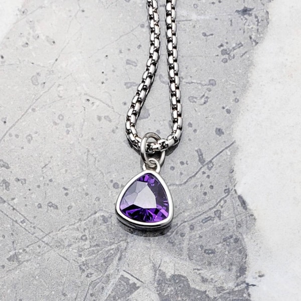 Men's "SILVER MINI AMETHYST" Necklace| Men's Silver Stainless Steel Mini Amethyst Pendant Necklace| Mens February Birthstone Necklace