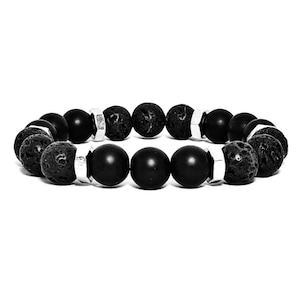 Men&#39;s LAVA HEX Bracelet | Men&#39;s Black Lava Stones Matte Black Onyx Gemstones Silver Stainless Steel Hex Nut Beaded Bracelet