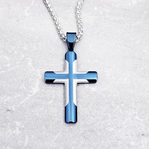 Men's "PLATINUM BLUE CROSS" Necklace| Men's Platinum Silver & Blue Stainless Steel Cross Pendant Necklace| Men's Platinum Box Chain Necklace