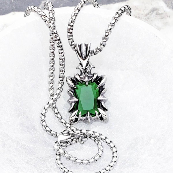 Men's "EMERALD CLAW TAG" Necklace| Men's Silver Stainless Steel Emerald Stone Claw Dog Tag Pendant Necklace| Men's Silver Box Chain Necklace