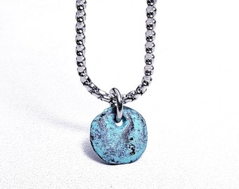 Men's "MYKONOS DISC" Necklace| Men's Turquoise Mykonos Ceramic Raku Coin Pendant Necklace| Men's Silver Stainless Steel Chain Necklace
