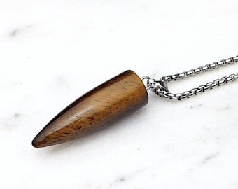 Men's TIGER EYE POINT Necklace | Men's Tiger Eye Gemstone Point Silver Stainless Steel Amulet Pendant Box Chain Necklace