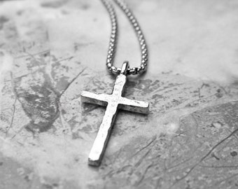 Men's "RUSTIC SILVER CROSS" Necklace| Men's Silver Stainless Steel Rustic Cross Pendant Necklace| Men's Stainless Steel Box Chain Necklace