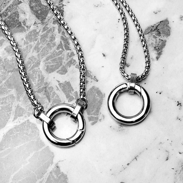 Men's "AMULET CARRIER" Necklace| Men's Silver Stainless Steel Amulet Ring Clasp Necklace| Men's Amulet Carrier Pendant Necklaces