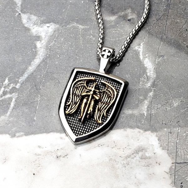 Men's "ARCHANGEL SHIELD" Necklace| Men's Silver Gold Stainless Steel St Michael Archangel Shield Pendant Necklace| Mens Box Chain Necklace