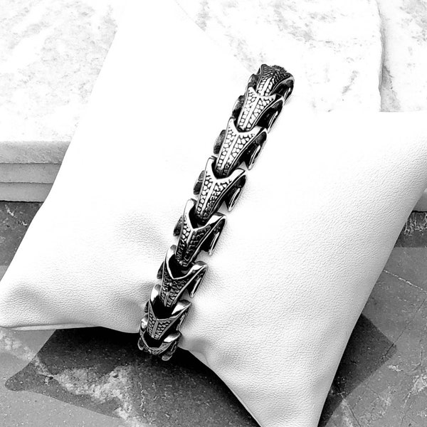 Men's "OUROBOROS LINKS" Bracelet| Men's Silver Stainless Steel Ouroboros Serpent Scales Link Chain Bracelet| Men's Silver Chain Bracelet