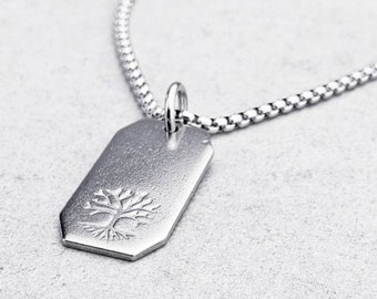 Collier Homme "ARBRE de VIE TAG" | Collier pendentif étiquette de chien arbre de vie en acier inoxydable argenté pour homme | Collier en acier inoxydable argenté pour homme