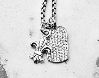 Men's FLEUR de LIS TAG Necklace | Men's Pavé Cubic Zirconia Silver Stainless Steel Mini Dog Fleur de Lis Tag Pendant Necklace