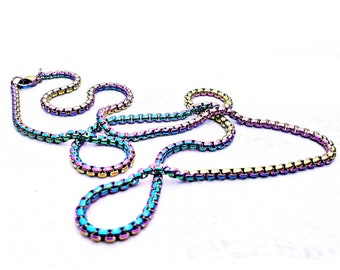 Men's "COLORS STEEL CHAIN" Necklace| Men's Multicolored Rainbow Stainless Steel Box Chain Necklace| Men's Rainbow Box Chain Necklace