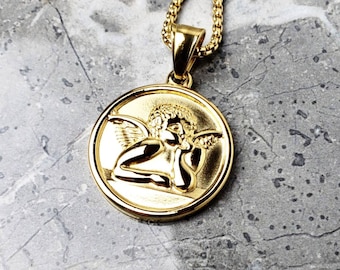 Men's PROTECTION ANGEL AMULET Necklace | Men's Gold Stainless Steel Guardian Angel Coin Amulet Pendant Box Chain Necklace