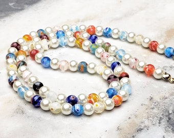 Men's "MILLEFIORI & PEARLS" Necklace| Men's Multicolored Italian Millefiori Ivory Pearls Beaded Necklace| Mens Colorful Ivory Pearl Necklace