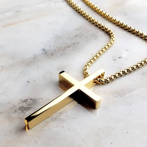 Men&#39;s &quot;GOLD SLEEK CROSS&quot; Necklace|Men&#39;s Gold Stainless Steel Cross Pendant Necklace| Men Gold Stainless Steel Box Chain Cross Necklace