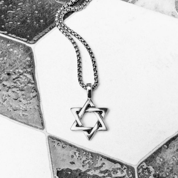 Men's "RUSTIC STAR of DAVID" Necklace| Men's Silver Stainless Steel Star of David Pendant Necklace| Mens Stainless Steel Box Chain Necklace