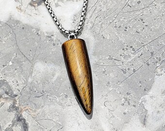Men's TIGER EYE POINT Necklace | Men's Tiger Eye Gemstone Point Silver Stainless Steel Pendant Box Chain Necklace