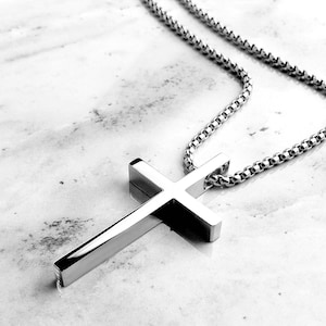 Men's "SLEEK SILVER CROSS" Necklace|Men's Silver Stainless Steel Cross Pendant Necklace| Men Silver Stainless Steel Box Chain Cross Necklace