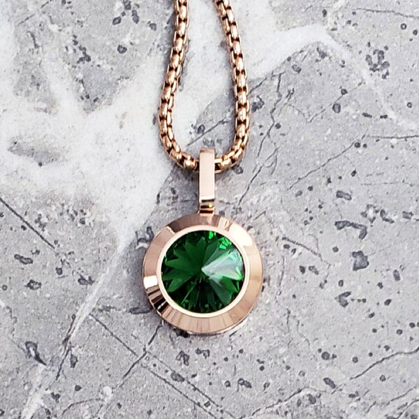Men's "ROSE GOLD EMERALD" Necklace| Men's Rose Gold Stainless Steel Emerald Coin Pendant Necklace| Mens May Birthstone Emerald Necklace