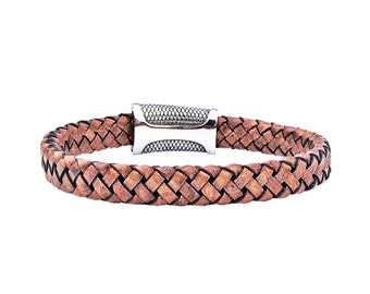 Men's "LEATHER & STEEL" Bracelet| Men's Cognac Brown Braided Italian Leather Bracelet| Men's Silver Stainless Steel Magnetic Clasp Bracelet