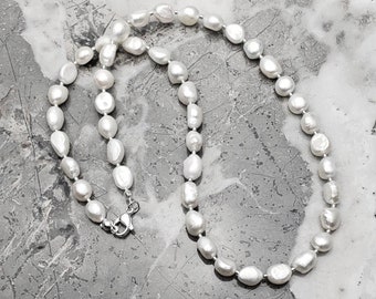 Men's "PLATINUM & PEARLS" Necklace| Men's Freshwater Pearls Platinum Silver Miyuki Delicas Beaded Necklace| Men Freshwater Pearl Necklace
