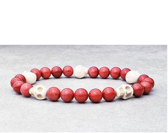 Men's "RED SKULL" Bracelet| Men's Gold Skull Bead Bracelet| Men's Gold Skull Red Coral Gemstone Bracelet| Men's Mediterranean Bracelet