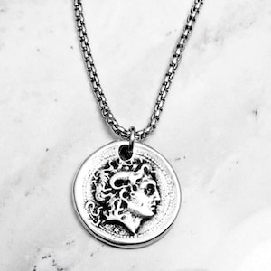 Men&#39;s &quot;GREATNESS&quot; Necklace| Men&#39;s Silver Stainless Steel Alexander the Great Greek Coin Pendant Necklace| Men&#39;s Silver Box Chain Necklace