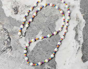 Men's "SANTORINI PEARLS" Necklace| Men's Ivory Shell Pearls Multicolor Seed Beads Necklace| Men's Ivory Shell Pearls Beaded Necklace