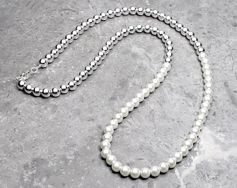 Men's "PLATINUM & PEARL" Necklace| Men's Platinum Silver Hematite Ivory Shell Pearls Gemstone Necklace| Men's Silver Pearl Beaded Necklace