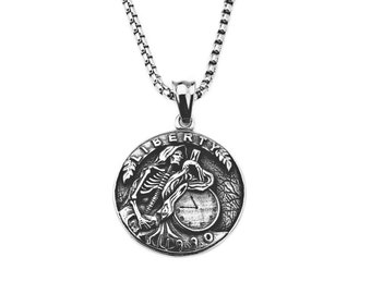 Men&#39;s &quot;REAPER LIBERTY COIN&quot; Necklace| Men&#39;s Silver Stainless Steel Reaper Liberty Coin Pendant Necklace| Men&#39;s Silver Box Chain Necklace