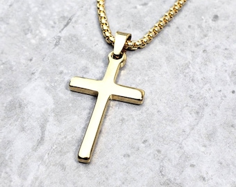 Men's GOLD CROSS Necklace | Men's Gold Stainless Steel Cross Pendant Box Chain Necklace