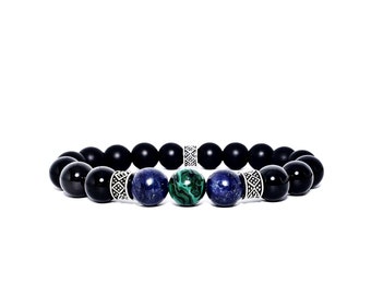 Men's "LAPIS & MALACHITE" Bracelet| Men's Malachite Lapis Lazuli Black Onyx Gemstone Bracelet| Men's Classic Gemstone Beaded Bracelet