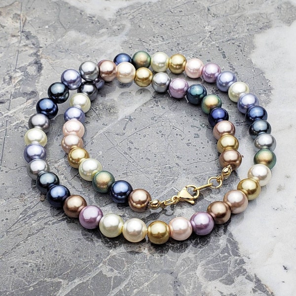 Men's "MIXED MULTICOLOR PEARLS" Necklace| Men's Multicolor Pearls Necklace| Men's Gold Multicolor Pearls Bead Necklace| Mens Pearl Necklace