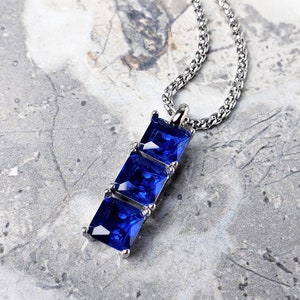 Men's "SILVER SAPPHIRE BAR" Necklace| Men's Silver Stainless Steel Sapphire Bar Tag Pendant Necklace| Mens September Birthstone Necklace