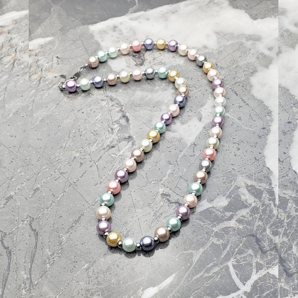 Men's "MIXED PASTEL PEARLS" Necklace| Men's Mixed Pastel Pearls Necklace| Men's Silver Multicolor Pearls Beaded Necklace