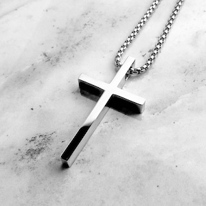 Men&#39;s &quot;SILVER SLEEK CROSS&quot; Necklace|Men&#39;s Silver Stainless Steel Cross Pendant Necklace| Men Silver Stainless Steel Box Chain Cross Necklac