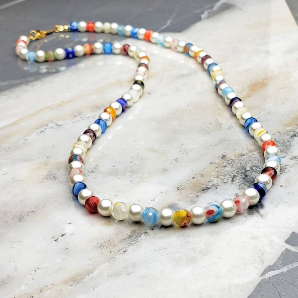 Men's "MILLEFIORI & PEARLS" Necklace| Men's Multicolored Italian Millefiori Ivory Pearls Beaded Necklace| Men's Coloful Ivory Pearl Necklace