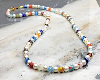 Men's "MILLEFIORI & PEARLS" Necklace| Men's Multicolored Italian Millefiori Ivory Pearls Beaded Necklace| Men's Coloful Ivory Pearl Necklace