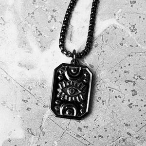 Men's "PROTECTION EVIL EYE" Necklace| Men's Black Stainless Steel Evil Eye Dog Tag Pendant Necklace| Men's Black Box Chain Pendant Necklace