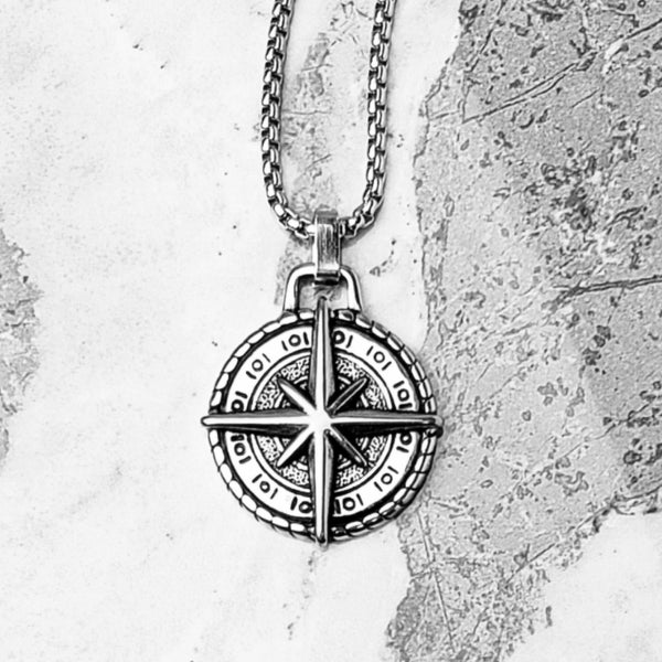 Men's "MARITIME COMPASS MEDALLION" Necklace| Men's Silver Stainless Steel Maritime Compass Pendant Necklace| Men's Silver Box Chain Necklace