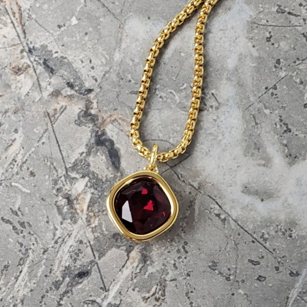 Men's "GOLD GARNET" Necklace| Men's Gold Stainless Steel Garnet Gemstone Pendant Necklace| Men's Gold Chain January Birthstone Pendant